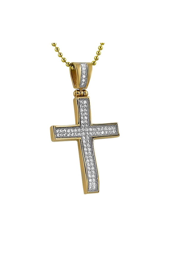 Gold Stainless Steel Mini CZ Cross Concave