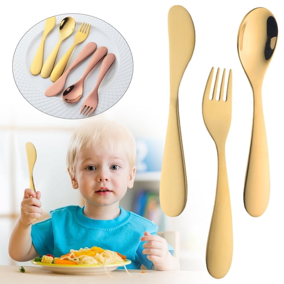 Gold Stainless Steel ch-ildren's Cutlery Set, 3 Pcs Toddler Silverware with Spoon and fork, ki-ds Flatware for Dining, Blunt Knife for Safety