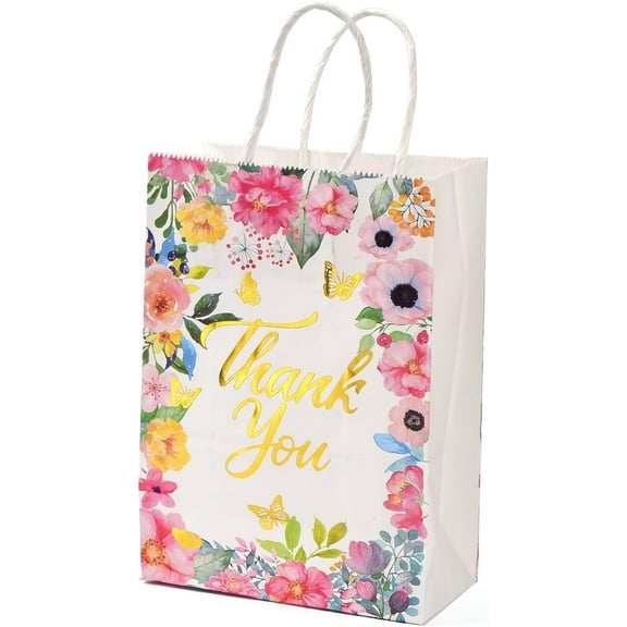 Gold Stamping Rectangle Paper Bags with Handle Thank You Word Flower Pattern 14.9x8.1x21cm Gift and Shopping Bags Mixed Color