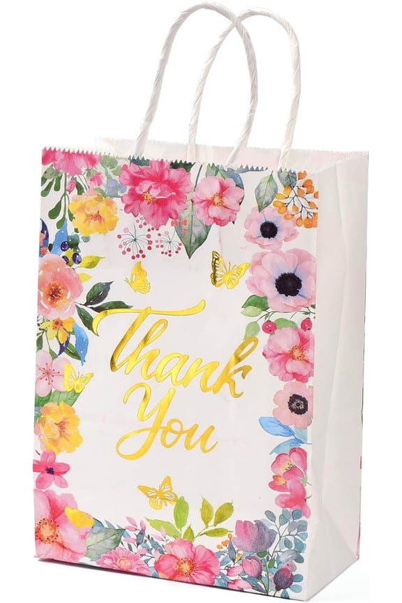 Gold Stamping Rectangle Paper Bags with Handle Thank You Word Flower Pattern 14.9x8.1x21cm Gift and Shopping Bags Mixed Color