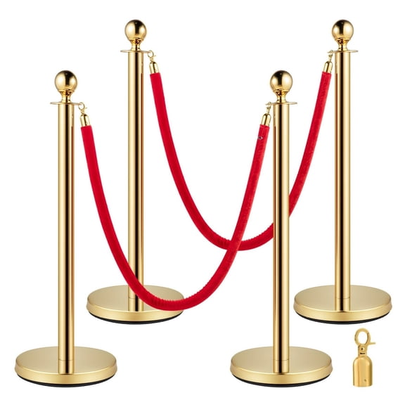 Gold Stanchion Posts 4-Pack, Red Velvet Rope, 38 Inch Crowd Control Barriers - 201 Stainless Steel Queue Line for Events, Parties, and Museums