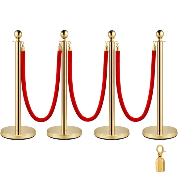 Gold Stanchion Posts 4-Pack, Red Velvet Rope Crowd Control Barriers - 38 Inch Stainless Steel Queue Posts for Party, Event, Theater, Hotel & Red Carpet
