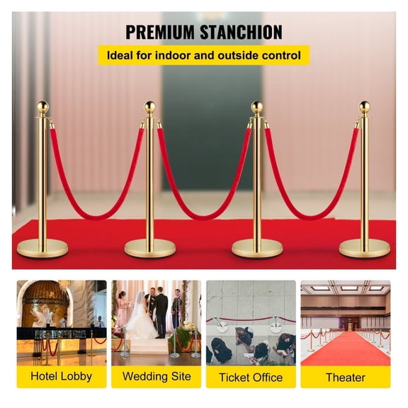 Gold Stanchion Posts 4PC, Red Velvet Rope Crowd Control Barriers, 38 Inch Queue Line Kit for Events, Parties, Hotels - 201 Stainless Steel