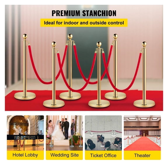 Gold Stanchions 6-Pack, Stainless Steel Crowd Control Posts with 5ft Velvet Ropes - Indoor/Outdoor Queue Barrier for Events, Weddings, Hotels, Casinos