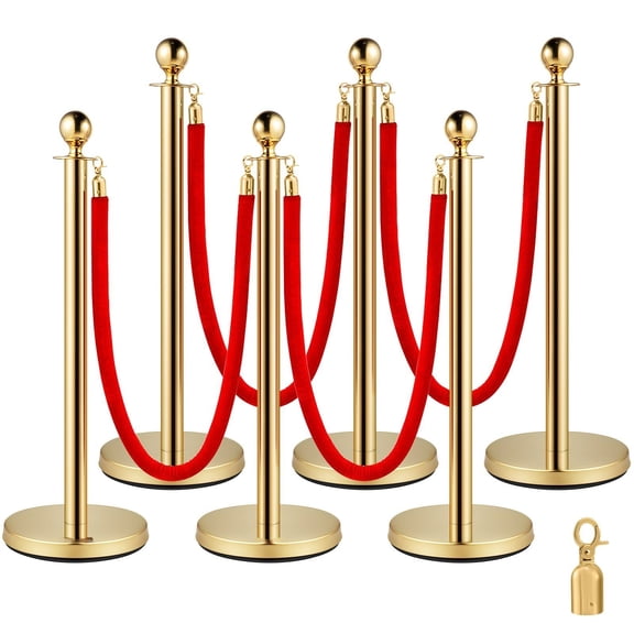 Gold Stanchions 6 Pack, Stainless Steel Queue Posts with 5ft Velvet Ropes - Crowd Control Barriers for Indoor & Outdoor Events, Red Carpet, Hotels, Museums