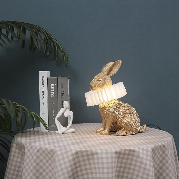 Gold Standing Bunny Lamp, Resin Scarf Rabbit Table Lamp with White Pleated PC Lampshade, USB Plug LED Nightstand Lamp, Cute Bedside Night Light for Bedroom Nursery Home Decor