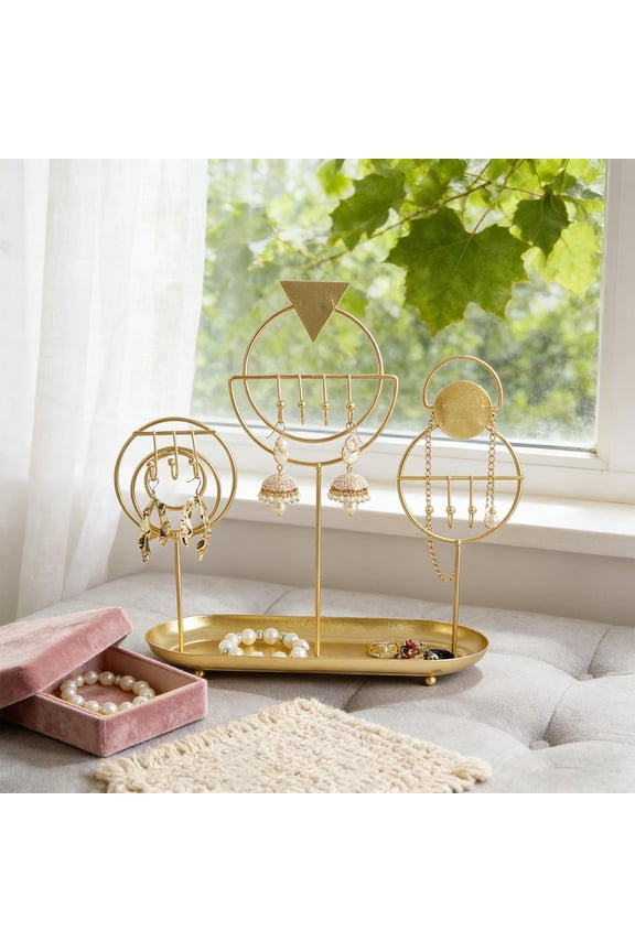 Gold Standing Tabletop Jewelry Organizer with Ring Tray,Exquisite & Elegant Metal Jewelry Organizer Rack for Vanity Dresser,Geometric Hanging Storage Stand for Accessories,1 Pc