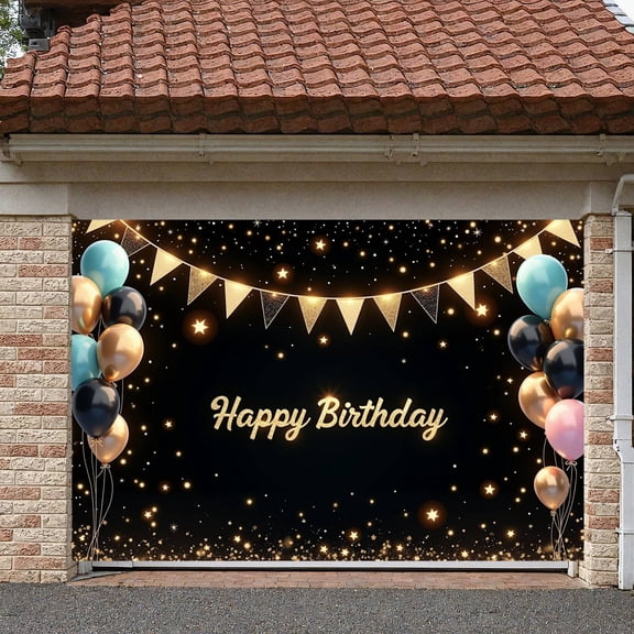 Gold Star  Banner Black Background Birthday Party Backdrop Balloon Garland Glitter Triangle Flags Festive Display for Birthday Party Kids Birthday Photo Shoot