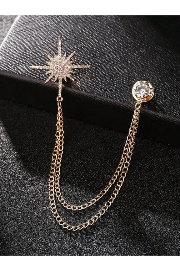 Gold Star Crystal-Embellished Chained Lapel Pin Brooch For Womens Collar Or Coat