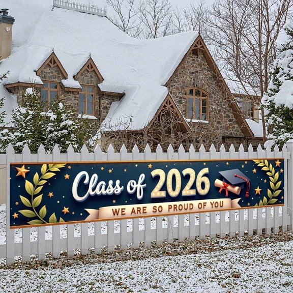 Gold Star Design Graduation Banner Laurel Leaf Decor Graduation Backdrop Shiny Lettering Navy Blue Background Academic Background for Graduation Ceremony Class of 2026 Celebration Senior Grad Party