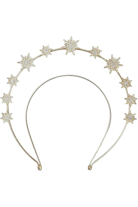 Gold Star Headpiece Stars Sun Goddess Headband Halo Alloy Metal Rhinestone Glitter Celestial Hair Bands Crowns for Women Wedding Bridal Cosplay Costume Birthday Hair Accessory