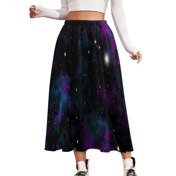 Gold Star Print Chiffon Skirt Festive Christmas Long Skirts Female Beach A-line Skirt Pat
