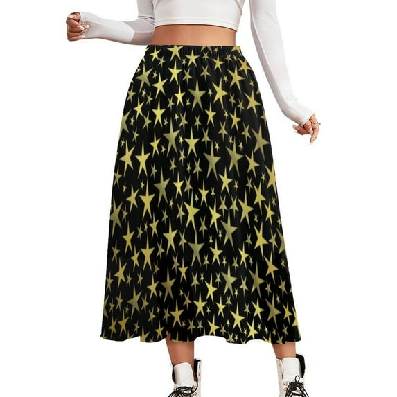 Gold Star Print Chiffon Skirt Festive Christmas Long Skirts Female Beach A-line Skirt Pat
