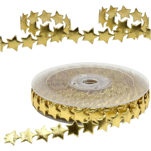 Gold Star Ribbon - 15m Glittering Gold Star Garland Trim for Favor Wrapping, Holiday Decorations, DIY Crafts and Party Decor - Stars Garland