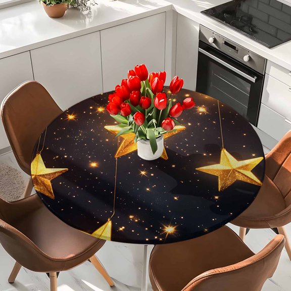 Gold Star Starry Sky Round Fitted Tablecloth with Elastic Edge,Waterproof Table Cloth Fits Tables Up to 36"-44",Wipeable Washable Table Cover for Indoor Outdoor Dinning Party,Galaxy Theme