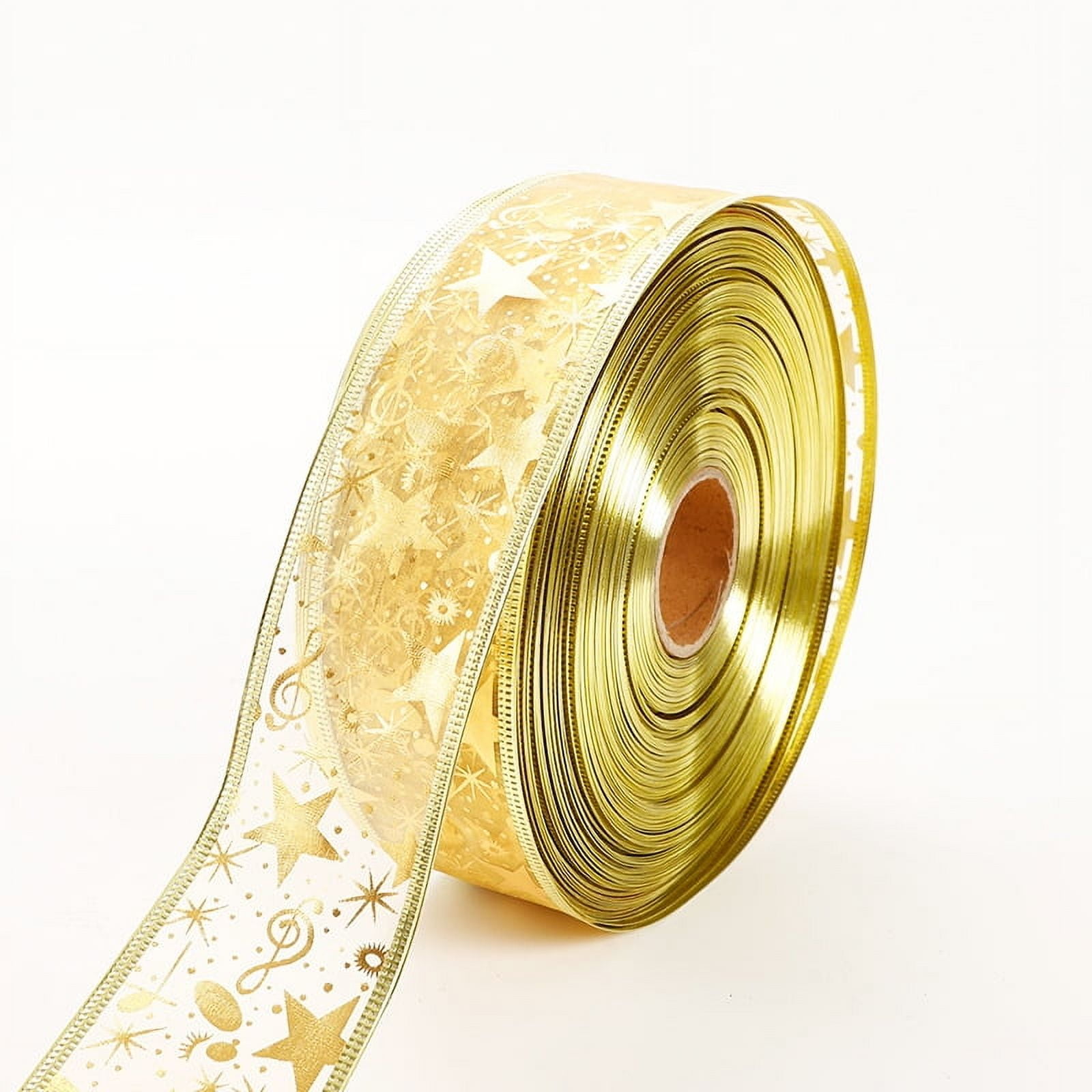 Gold Star Wired Sheer Ribbon Christmas Tree Decoration Christmas Gift Wrap Wreath DIY, 2 Inch by 100-Yard Spool