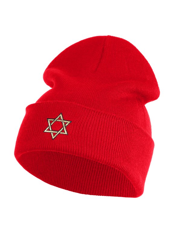 Gold Star of David Iron on Patched 12 Inch Long Knitted Beanie - Red OSFM