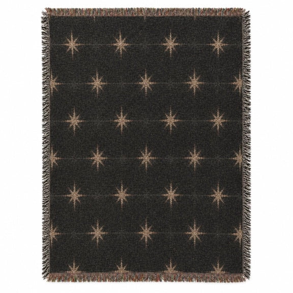 Gold Starburst Pattern on Charcoal Woven Blanket, 100% Cotton, Celestial Style for Sofa or Bed