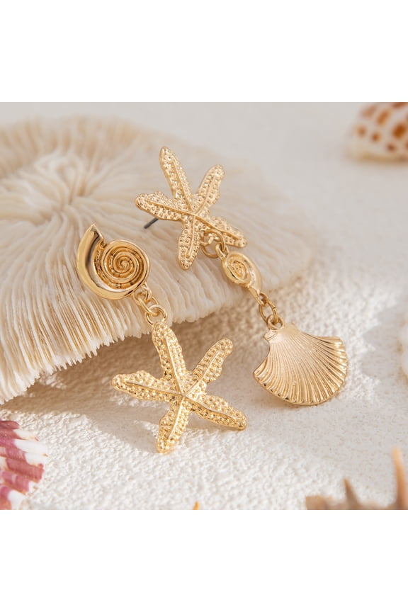 Asymmetrical Gold Starfish Seashell Dangle Earrings Coastal Jewelry for Women