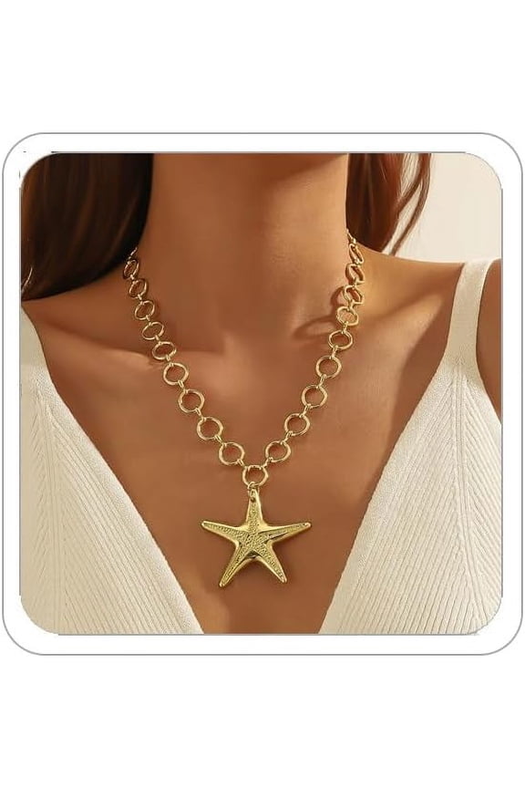 Gold Starfish Necklaces for Women Bohemian Mermaid Necklaces Summer Ocean Seashell Charm Necklace Hawaiian Surf Beach Jewelry