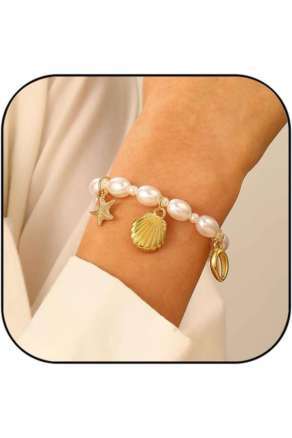 Gold Starfish Shell Bracelets for Women Boho Seashell Bracelets Cowrie Starfish Pearl Charm Bracelets Summer Beach Bracelets Hawaiian Summer Jewelry