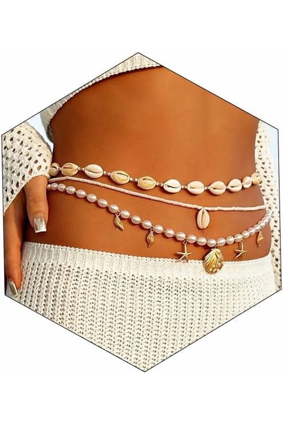 Gold Starfish Waist Chain for Women 2Pcs Adjustable Layered Belly Chain Bohemian Shell Beaded Bikini Body Chain for Beach, Summer Festival, Vacation & Boho Accessories