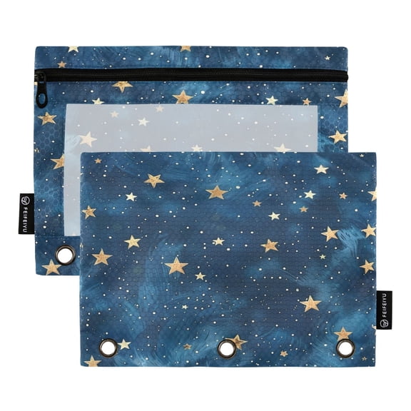Gold Stars Binder Pouches Zipper Pocket Document Storage 3 Rings 2 Packs A5 Size