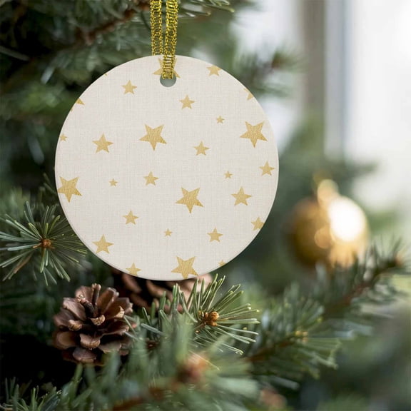 Gold Stars on Burlap Linen Christmas Ceramic Ornament 2026,3" Round Xmas Tree Hanging Accessories with Gold Ribbon,Seamless Shining Star Pendant Ornaments for Holiday Gift Home Party Decor