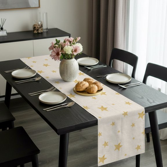 Gold Stars on Burlap Linen Table Runner 36 Inches Long,Kitchen Dining Tablerunners Seamless Shining Star Linen Table Runners Dresser Scarves for Home Dinner Wedding Holiday Party Decor