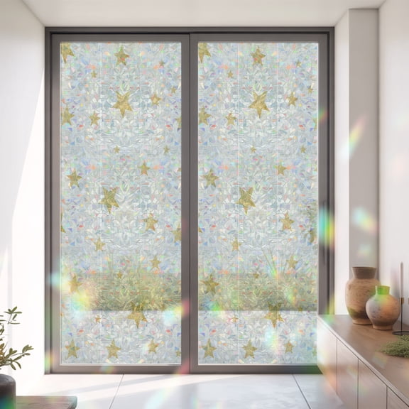 Gold Stars on Burlap Linen Window Privacy Film,Decorative Windows Static Cling Seamless Shining Star Heat Control Removable Glass Sticker for Home Bathroom Bedroom Window Door,35x79in