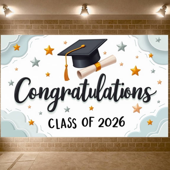 Gold Stars Graduation Banner Graduation Cap Class of 2026 Backdrop Diploma Black Tassel Grad Party Background for Graduation Party Class of 2026 Celebration Commencement Ceremony