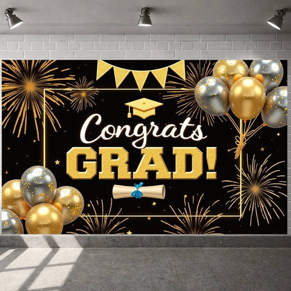 Gold Stars Graduation Banner Graduation Cap Class of 2026 Backdrop Diploma Black Tassel Grad Party Background for Graduation Party Class of 2026 Celebration Commencement Ceremony