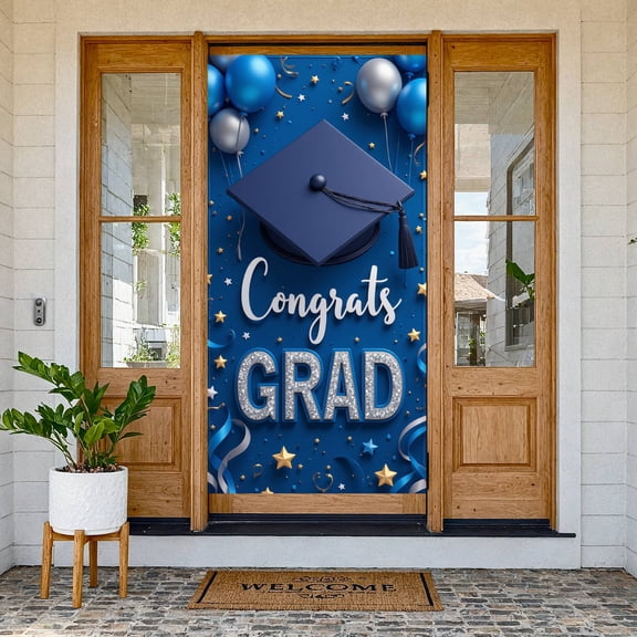 Gold Stars Graduation Banner Graduation Cap Grad Display Navy Blue Gold Tassel Congrats Backdrop for Graduation Party College Graduation Grad Ceremony