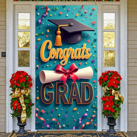 Gold Stars Graduation Banner Graduation Cap Grad Display Navy Blue Gold Tassel Congrats Backdrop for Graduation Party College Graduation Grad Ceremony