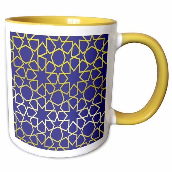 3drose, Gold Stars Outline Geometric Intricate Islamic Art Pattern on Purple - Filigree Laser Cut Effect, 11oz Two-tone Yellow Mug