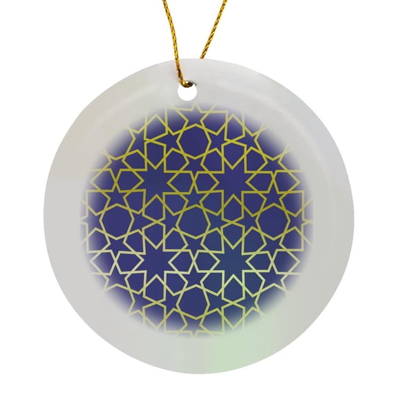 3drose, Gold Stars Outline Geometric Intricate Islamic Art Pattern on Purple - Filigree Laser Cut Effect, Circle Porcelain Ornament