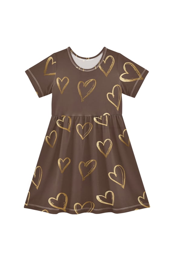 Gold Stars Short Sleeve Dress A-Line Cute Midi Casual Sundress 2-8 Years