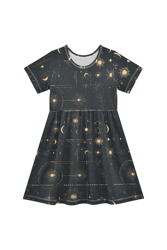 Gold Stars Sun Moon Short Sleeve Dress A-Line Cute Midi Casual Sundress 2-8 Years