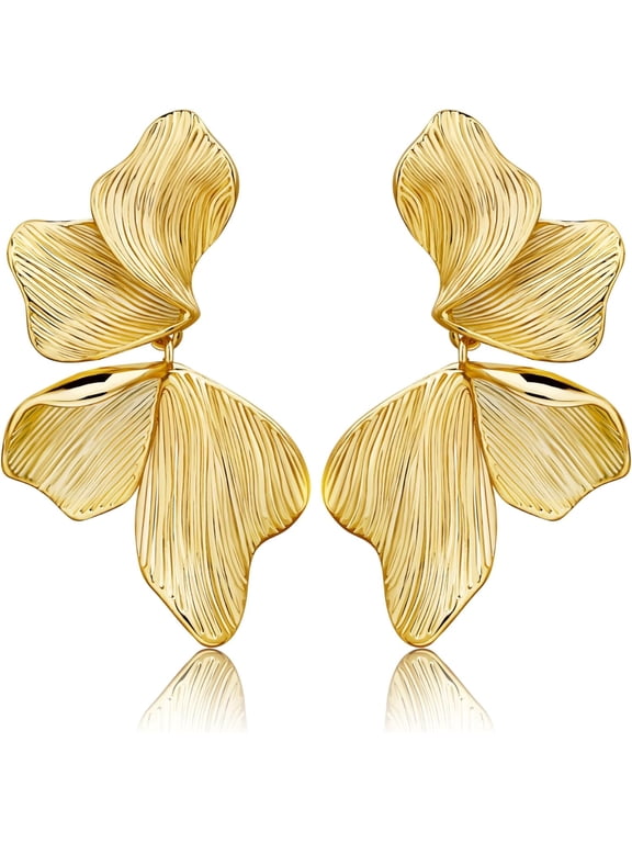 Gold Statement Earrings For Women 18K Gold Plated Sectored Flower Leaf Shell Angel Wing Earring Large Stud Earrings Hypoallergenic Stud