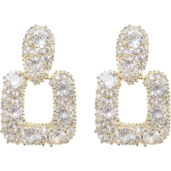 Gold Statement Geometric Dangle Earrings for Women Fashion Cute Cubic Zirconia Crystal Rhinestone Drop Hoop Earrings - Prom Wedding Stud Jewelry Bride Gift