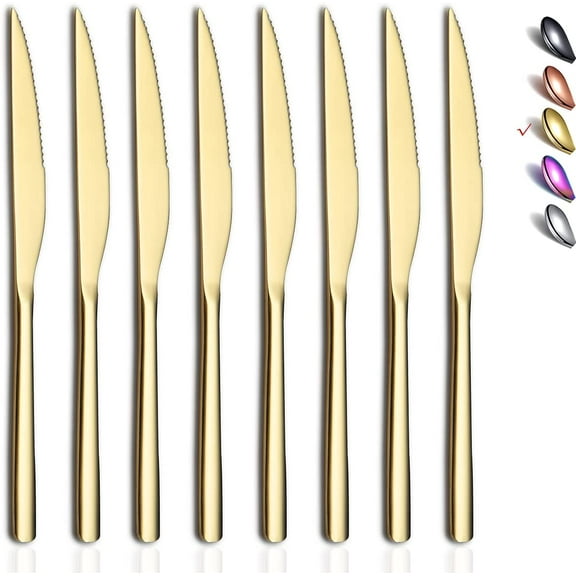 Gold Steak Knives, 8 Piece Premium Stainless Steel Knife Set, Meat Sets, rman Knives Serrated, Tomato Knife, For Home, Kitchen or Restaurant, Dishwasher Safe (9.2 Inch)