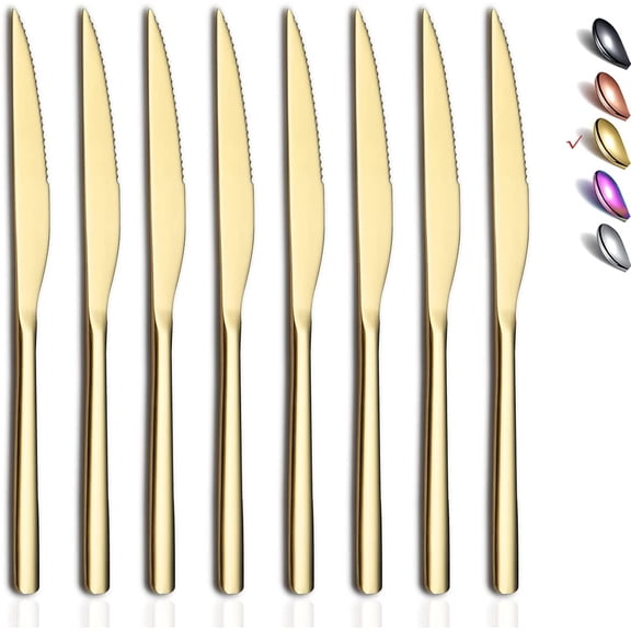 Gold Steak Knives, 8 Piece Premium Stainless Steel Steak Knife Set, Meat Knife Sets, German Steak Knives Serrated, Tomato Knife, For Home, Kitchen or Restaurant, Dishwasher Safe (9.2 Inch)