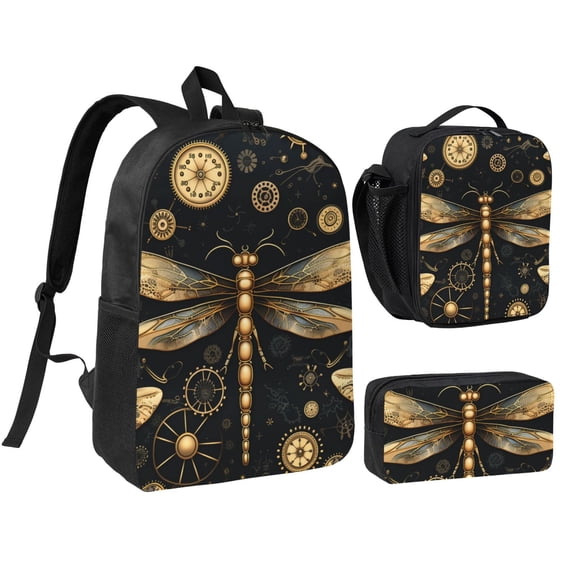 Gold Steampunk Dragonfly Black Golden 17-inch Laptop Backpack 3-Piece Set with Insulated Lunch Bag and Accessory Pouch, Rucksack for Teens Adults