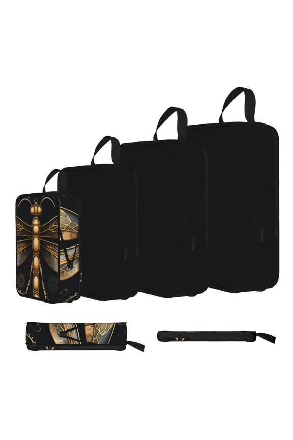 Gold Steampunk Dragonfly Black Golden 4-Set Compression Packing Cubes, Expandable Travel Organizer Bags, Luggage Packing Organizers, S M L XL