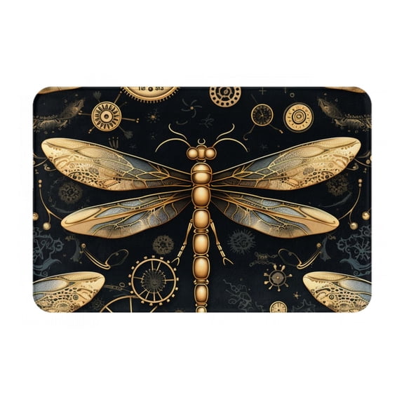 Gold Steampunk Dragonfly Black Golden Doormat Non Slip Front Door Bathroom Bath Mats Entryway Rug 23.6x15.7 Inch Indoor Door Carpet