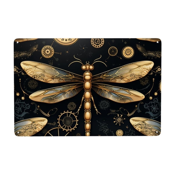 Gold Steampunk Dragonfly Black Golden Metal Tin Sign Home Kitchen Office Bedroom Cafes Room Wall Decor 8x12 Inch