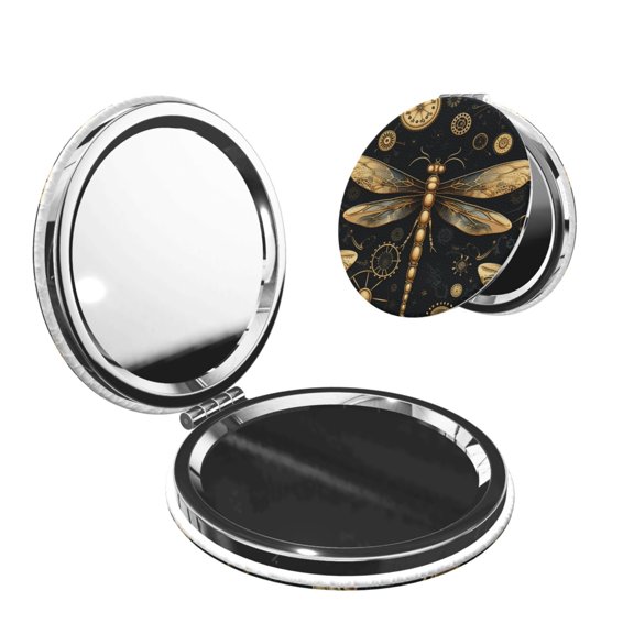 Gold Steampunk Dragonfly Black Golden Portable Double-Sided Face Mirror Round Shape, Magnifying Compact Pocket Mirror with PU Leather Cover