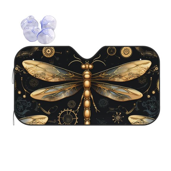 Gold Steampunk Dragonfly Black Golden Reflective Car Windshield Sunshade, UV Ray Reflector Sun Visor Universal Fit for SUVs, Trucks, Sedans,M