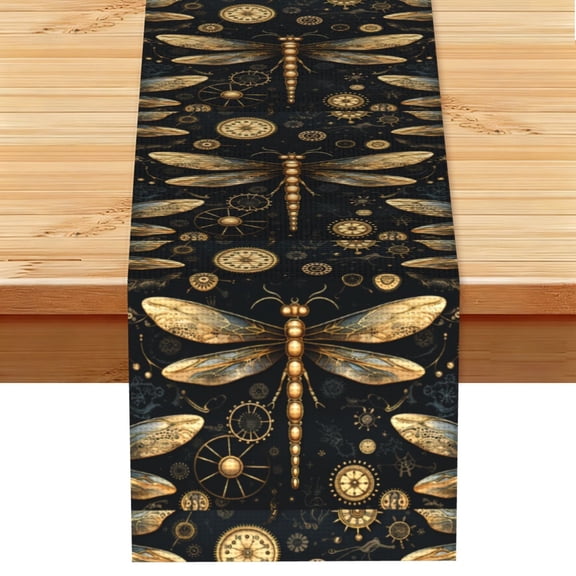 Gold Steampunk Dragonfly Black Golden Table Runner 13x72 Inch for Dining Table Kitchen Wedding Party Decor Fireplace Mantle