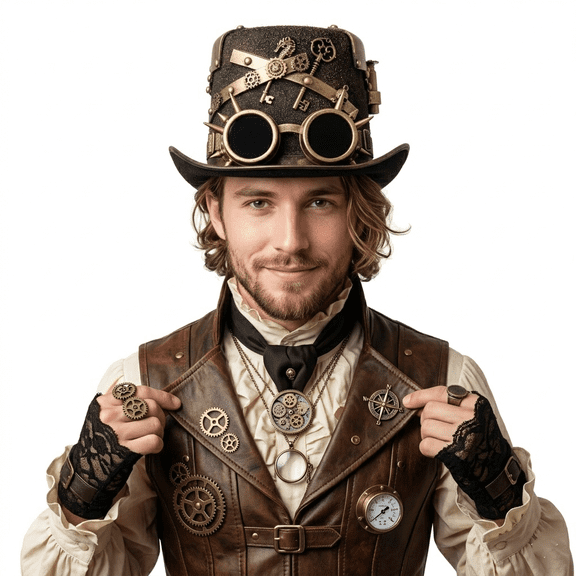 Gold Steampunk Victorian Mad Hatter Scientist Time Traveler Adult Top Hat with Goggles For Halloween